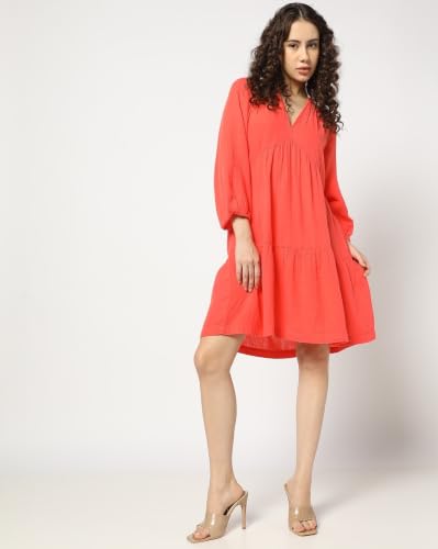 Image of Gap Women Regular Fit Tiered Mini Belted Gauze Casual Dress