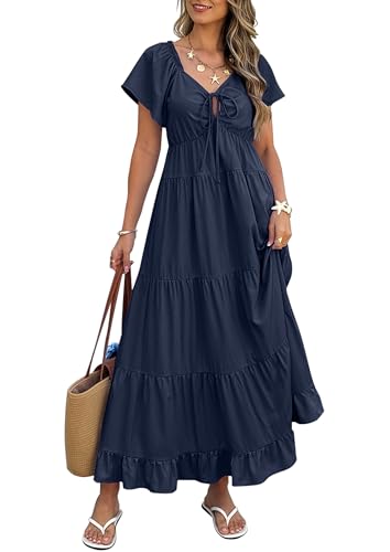 ECOWISH Womens Summer Maxi Dress 2025 Flutter Short Sleeve V Neck Tie Front Wedding Guest Vacation Tiered Flowy Dresses