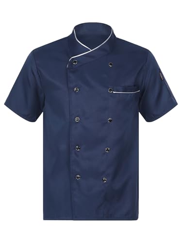 Vxuxlje Unisex Men's Classic Chef Coat Jackets Double-Breasted Kitchen Chef Uniforms Shirts Top Blue Short Sleeve Large