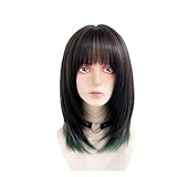 Mujeres Peluca de alto nivel teñida verde for mujer, cabello clavícula medio a largo, conjunto cabeza completa, diseño pez salmonete Aspecto natural
