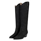 XBKXMK Suede Cowboy Boots for Women Pointed Toe Cowgirl Knee High Boots Chunky Low Heels Tall Long Boot Dressy Pull on Wide Calf Fashion Casual Black