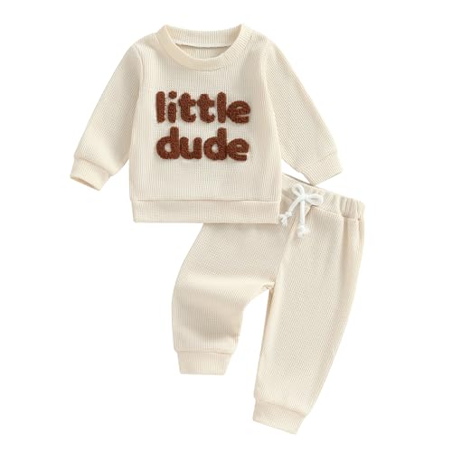 Image of Fall Baby Boy Clothes Mama's Boy Little Dude Embroidered Long Sleeve Sweatshirt Pants Set Waffle Knit Outfit