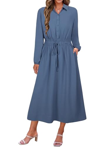 ECOWISH Womens Midi Dress Summer Casual A Line Maxi Shirt Dresses Spring Long Sleeve Button Front V Neck Pockets Work Dress 63Gray Blue Large