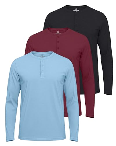 Image of Real Essentials 3 Pack: Mens Casual Long & Short Sleeve Cotton Henley Lightweight Button T-Shirt, Long Sleeve - Set