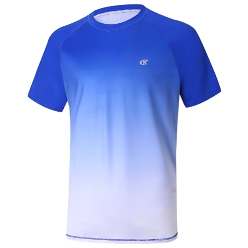 Satankud Men's UPF 50+ Rash Guard Swim Shirts Short Sleeve Sun Protection Summer Beach Hawaiian T-Shirt (Royal Blue Gradient, Medium)