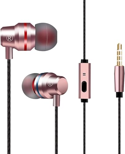 Earphones 3.5mm Aux Jack Wired In-Ear Headphones with Microphone, Strong Bass Soft Earbuds Tips Plug In Noise Cancelling Stereo Wired Earphones Compatible with I-Phone Samsung Android Laptops