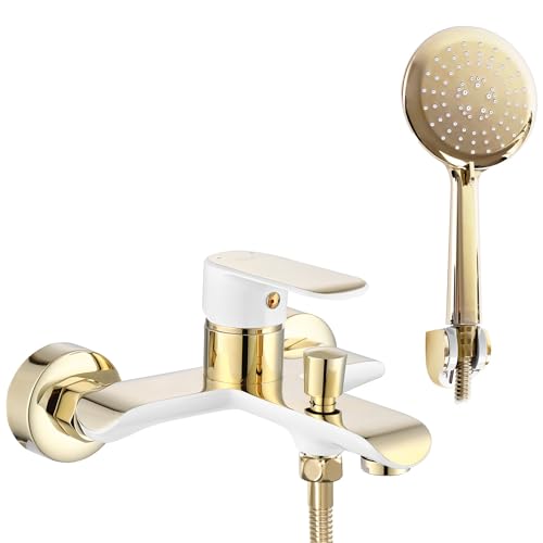 Rea GRIFO DE BAÑERA BLOOM WHITE GOLD Mezclador de bañera con ducha de latón para baño frío y caliente ajustable (dorado/blanco)