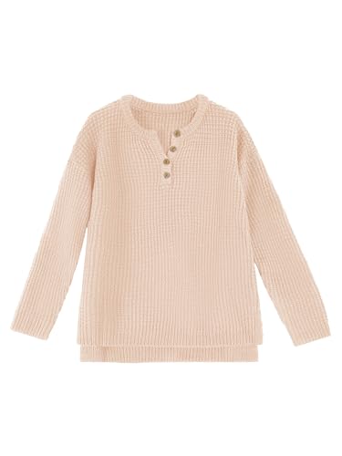 Image of rrhss Girls Waffle Knit Sweaters Trendy Henley Button V Neck Long Sleeve Pullover Jumper Tops
