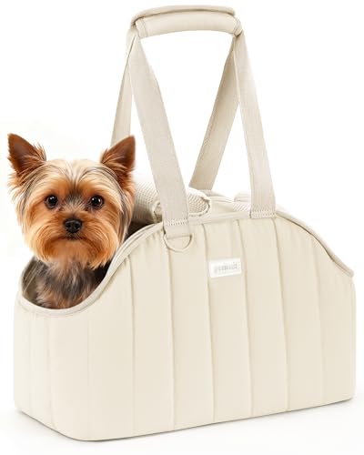 Pecute Dog Purse Carrier, Lightweight Dog Carriers for Small Dogs with Large Pockets, Dog Soft-Sided Carriers up to 6.6lbs, Pet Carrier for Puppy Cat Rabbit, Suitable for Travel, Subway, Cream