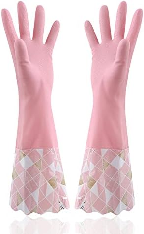 LanShan Household Gloves Reusable Cleaning Gloves, Washing Up Gloves with Long Cuff Dishwashing Gloves with Cotton Lining Cleaning Gloves for Kitchen, Bathroom-Wide mouth||Pink
