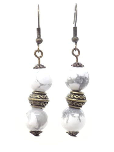 Orecchini da donna in perline di howlite bianche e perle tibetane in bronzo antico