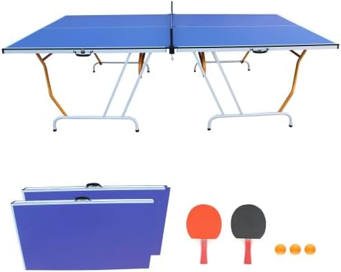 9ft Mid-Size Table Tennis Table Foldable & Portable Ping Pong Table Set for Indoor Games with Net, 2 Table Tennis Paddles and 3 Balls