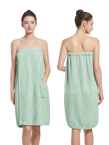 Women'S Soft Wrap Towel Full Length，Bath Robe After Shower Female Plush Long，Spa Bathrobes Lightweight With Pockets (US, Alpha, One Size, Regular, Regular, Vert)2