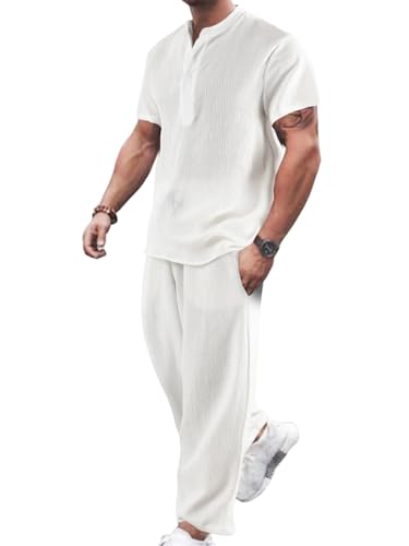 GORGLITTER Men's Linen Suit 2 Piece Set Beach Casual Short Sleeve Henley Shirts Loose Long Pants Summer Vacation Outfits