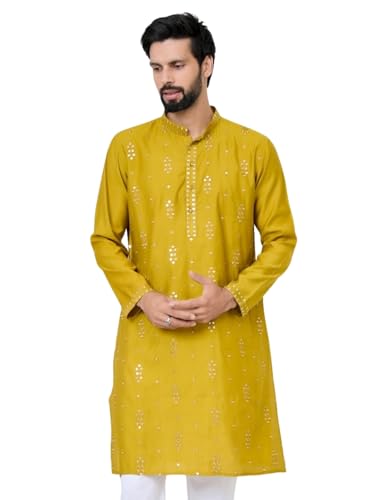 Image of See Designs Men's Full Sleeve Mandarin Collar Sequins Embroidered Straight Long Kurta - Festive Collection
