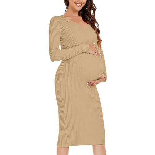 Cexiakong Abito premaman da donna, a maniche lunghe, alla moda, elegante, per la gravidanza, per l'allattamento al seno, a maniche lunghe, abito da sera, per la gravidanza, per la gravidanza, beige.,