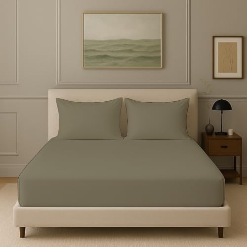 Image of Trance Home Linen 300 TC Bamboo Solid Fitted Bedsheet | Soft, Breathable & Eco-Friendly Bedsheet with 2 Pillow Cover - (75x72 inch, Mocha),Green