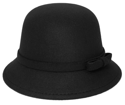 WULIQIUQIU Felt Cloche Hat for Women Bowknot Fedora Bucket Hat 1920s Vintage Bowler Hats Black