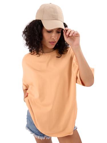 Image of The Souled Store Solids: Fuzzy Peach Women and Girls Short Sleeves Round Neck Cotton Oversized T-Shirts
