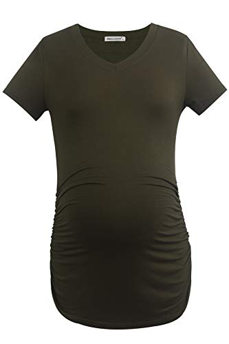 Smallshow Women's V Neck Maternity Shirt Side Ruched Tunic Pregnancy Short Sleeve Top Clothes 3-Pack Army Green/Black/White Stripe Medium #TOP5