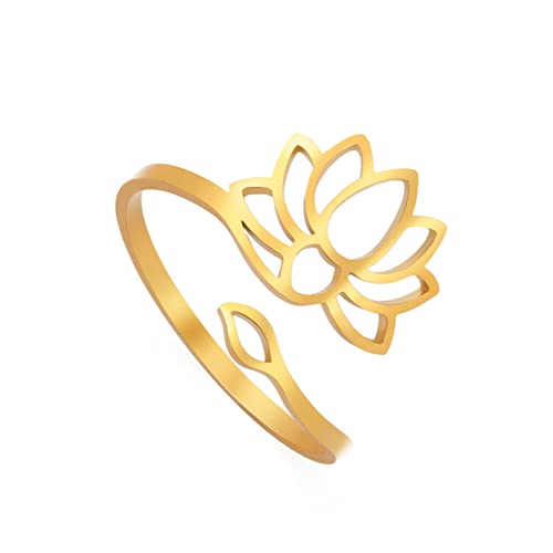 Bagues Fleur de Lotus pour Femmes Filles Bague Florale Réglable en Acier Inoxydable Lotos Bague Ouverte Bijoux Cadeaux pour Anniversaire Nouvel An Noël (Style 1-Or) Cover