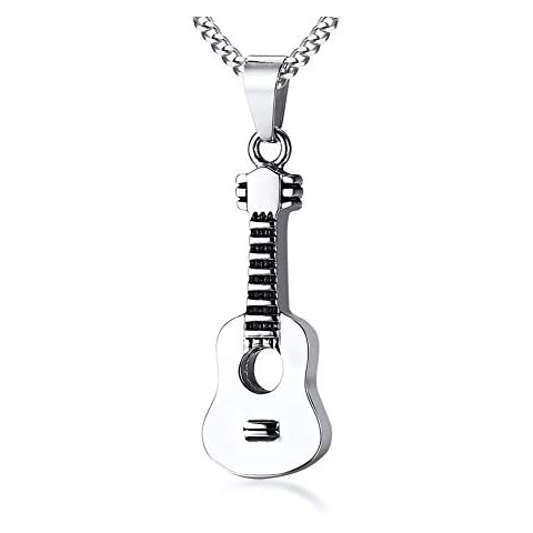 PJ JEWELLERY Stainless Steel Memorial Keepsake Pendant Cremation Ash Urn Openable Acoustic Guitar Necklace for Men Women, 24" Cover