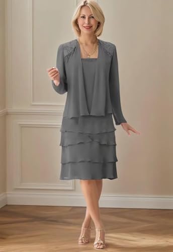 Short Mother of The Bride Dresses for Wedding Long Sleeve Lace Chiffon Tiered Formal Gown with Jacket2