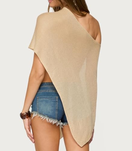 Women Knitted Sheer Poncho Top Off Shoulder Mesh Poncho Shrug Shawl Lightweight Asymmetrical Sweater Tops3