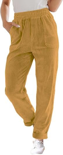 Earthy Yellow L Corduroy Pants for Women Elastic High Waist Pull On Straight Leg Slacks Casual Comfy Fall Winter Trousers with Pockets
