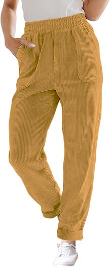 Earthy Yellow L Corduroy Pants for Women Elastic High Waist Pull On Straight Leg Slacks Casual Comfy Fall Winter Trousers with Pockets