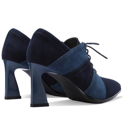 TDD Short Ankle Boots for Women Pointed Toe Chunky Heel Booties Lace Up Dressy Ankle Boots Vintage Blue Booties Faux Suede Dress Shoes3