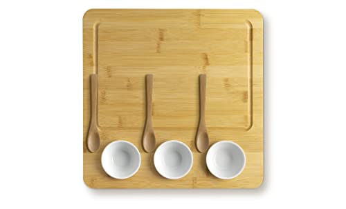 Eternal Living 13” Square Cheese Bamboo Board Set with Ceramic Cups for Charcuterie, Bamboo