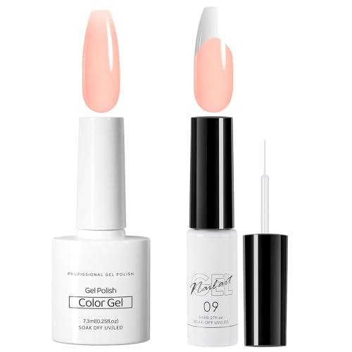 Gel Nail Polish Set, Jelly Nude & White French Manicure Kit, Soak Off UV/LED Gel Nail Varnish, Sheer Nude Gel Nail Polish With White Nail Liner Painted Gel Polish for Nail Art DIY