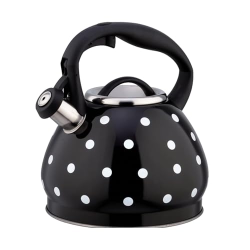 Tetera silbante de acero inoxidable de 3 litros con diseño de lunares, ideal para cocinas de inducción y cocinas de gas.(Negro)