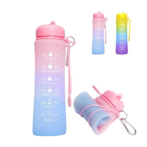 ONIYSA Collapsible Water Bottle with Time Marker, 20oz Sports Water Bottle Large Leakproof Reusable BPA Free Silicone Water Bottle, Portable Collapse Water Bottles for Travel, Sports, Outdoors (Pink)