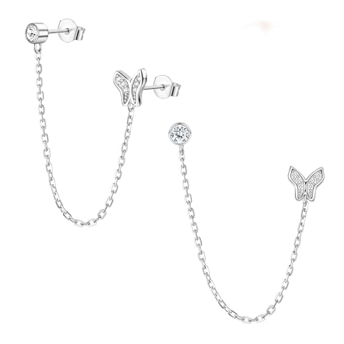 Finrezio Boucles D'oreilles Double Trou en Argent Sterling 925 pour Femme Boucle D'oreilles Papillon Double Piercing Minimaliste Pendantes Boucles D'oreille Gland...