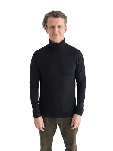 Brass Monkeys - 100 % lana merino pura - Cuello alto de manga larga para hombre - Fabricado en Nueva Zelanda - Cuello alto falso Skivvy - Calidez natural y ética - Negro, Negro, XL