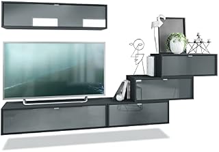 Vladon Wall Unit Lana V1 Entertainment Center of 5 hanging elements with 12 shelves, carcass in Black matt, fronts in Grey High Gloss