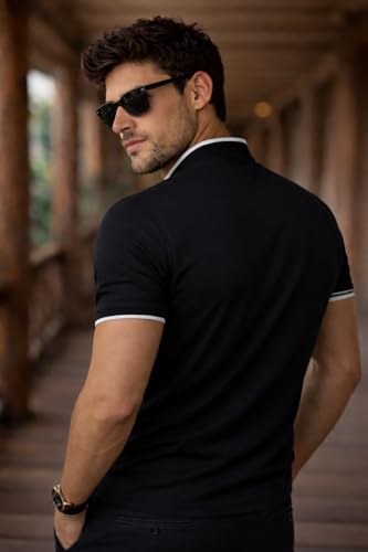 Image of Dagcros Men Polo T-Shirt, with White Trim, Short Sleeve, Button Collar Tshirt for Mens