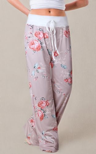 Image of AMiERY Women's Comfy Casual Pajama Pants Floral Print Drawstring Palazzo Lounge Pants Wide Leg