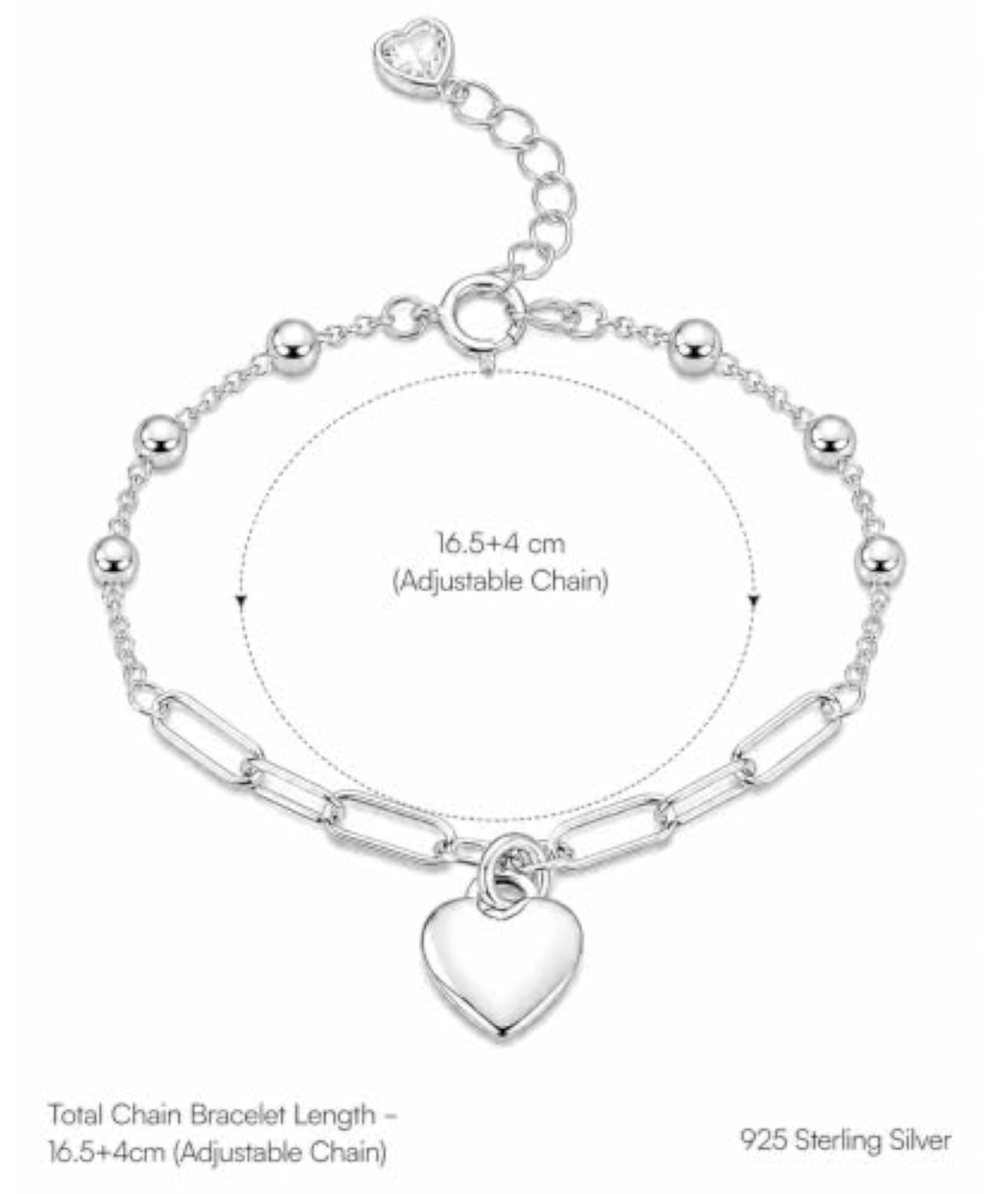 Women's 925 Sterling Silver Heart Charm Bracelet