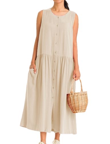 Image of Bozanly Summer Sleeveless Maxi Dress for Women Button Down Midi Dresses with Pockets Solid Color Loose Flowy Beach Dress 2025