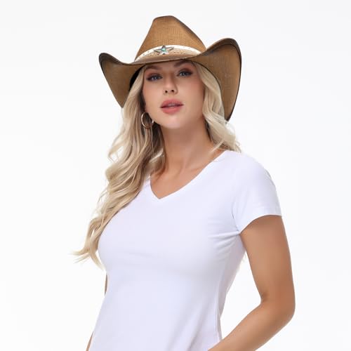 Image of WQWOVRVO Cowboy Hat,Cowgirl Hat,Western Cowboy Hats for Women /Mens /Straw Wide with Shapeable Brim Cowboy Hat for Womens