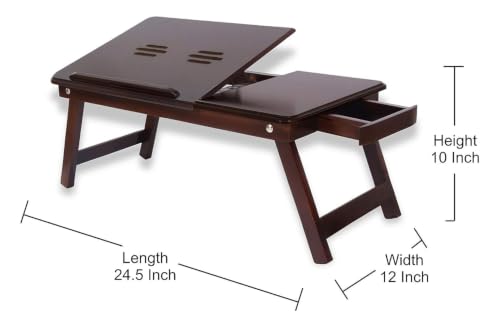 Image of WOOYNEX Wooden Laptop Table Standard Adjustable Study Table with Laptop, Portable Lap Desk, Multifunctional Bed Table with Drawer and Folding Legs (Brown a)