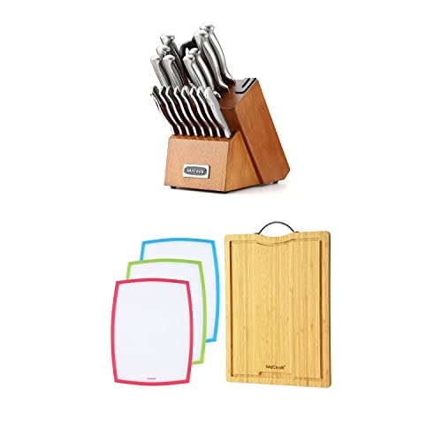 Mc69W 20 Pieces German Stainless Steel Knives Block Set With Built-In Sharpener + Mcw11 Bamboo Cutting Boards Set Of 4 (Large, 17”11.4”0.8”) #TOP10