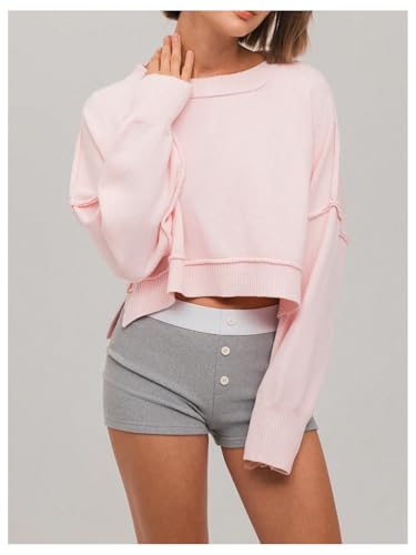 Image of RoseSeek Women's Crew Neck Long Sleeve Cropped Sweaters Drop Shoulder Knit Pullovers