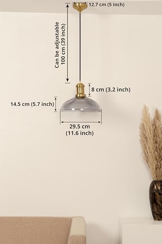Image of Divine Trends Ribbed Grey Luster Glass Pendant Light with Antique Brass Finish | Hanging Lights for Living Room, Bedroom, Kitchen, Dining | Ceiling Lamp for Home Decoration Pack of 1