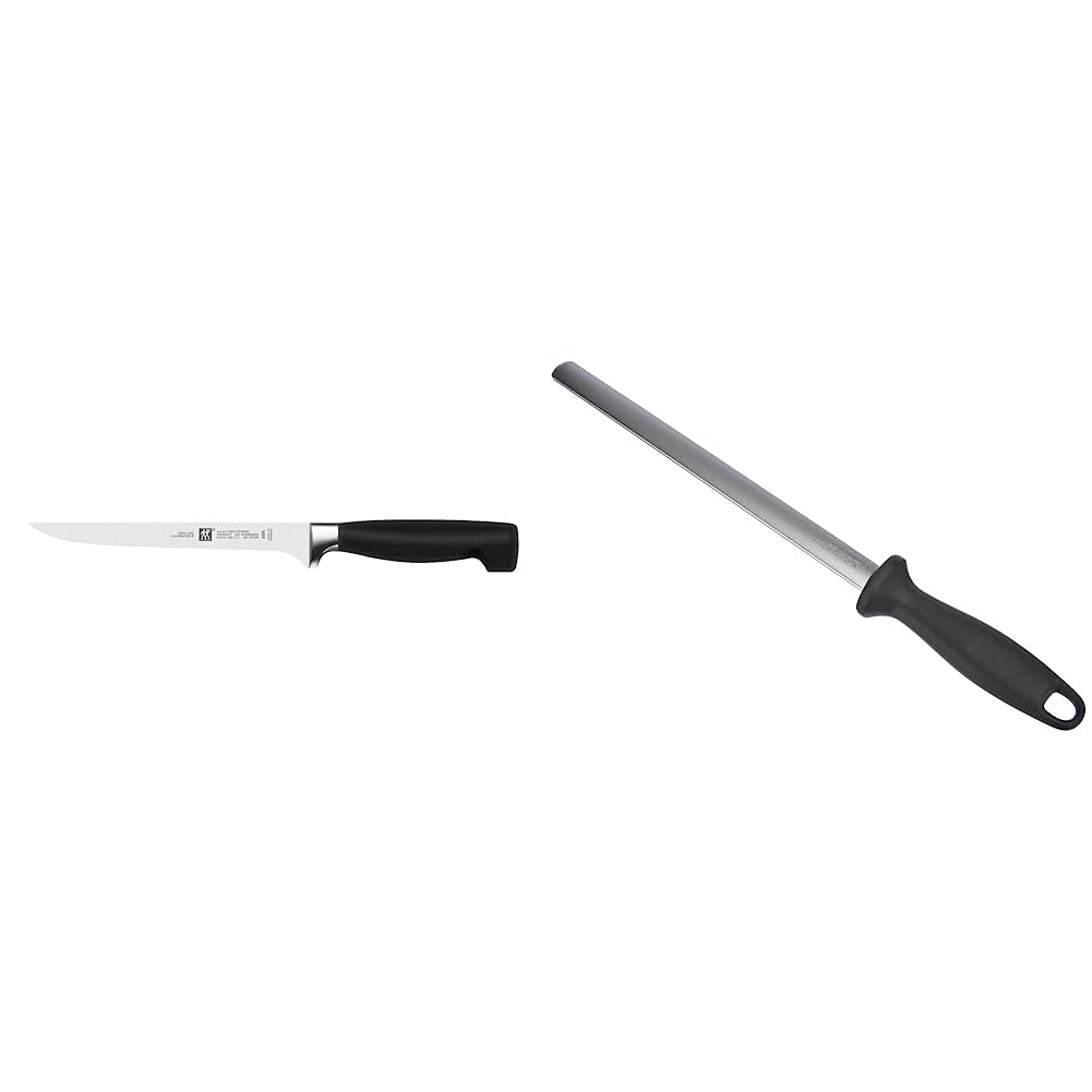 Zwilling Vier Sterne Filiermesser, Klingenlänge: 18 cm & Wetzstahl mit Diamant-Beschichtung, Oval, Länge: 26 cm, Kunststoffgriff mit Aufhängöse, Schwarz