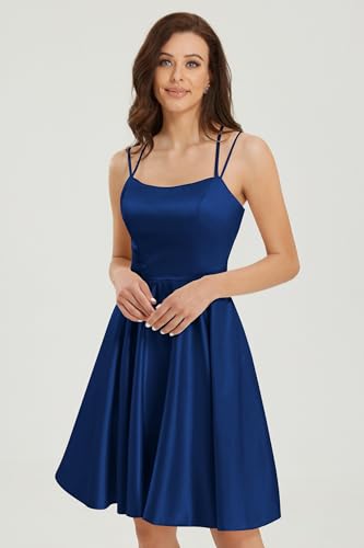 Short Homecoming Dress Satin with Pockets Spaghetti Strap Mini Built-in Bra Cocktail Dresses3