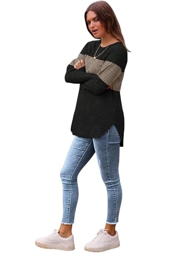 Image of Saloogoe Long Sleeve Shirts for Women 2025 Fall Clothes Tunic Tops Loose Fit Dressy Crewneck Pullover Sweaters Curved Hem